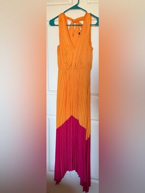 Express Orange and Pink Color Block Pleated Maxi Dress